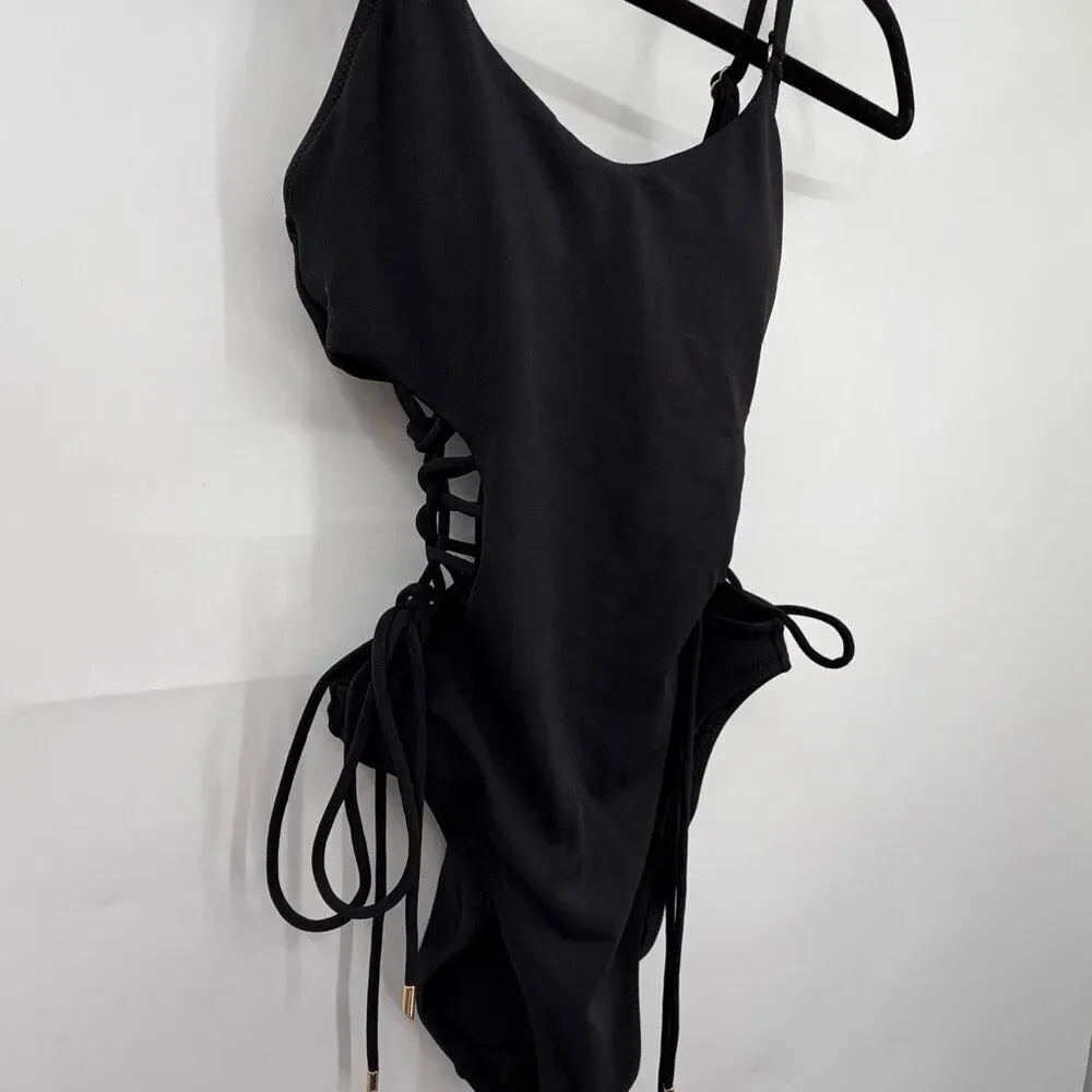 Robin Piccone Black Aubrey Scoop Neck Lace-up One-Piece Swimsuit Size 2